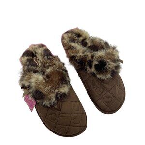 Candies Quilted Heart Brown Faux Fur Slippers Women Size Small 5/6 Animal Print